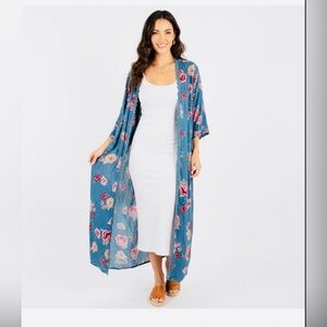 Angie Boho Floral Kimono Duster Robe - Blue & Pink Size Small